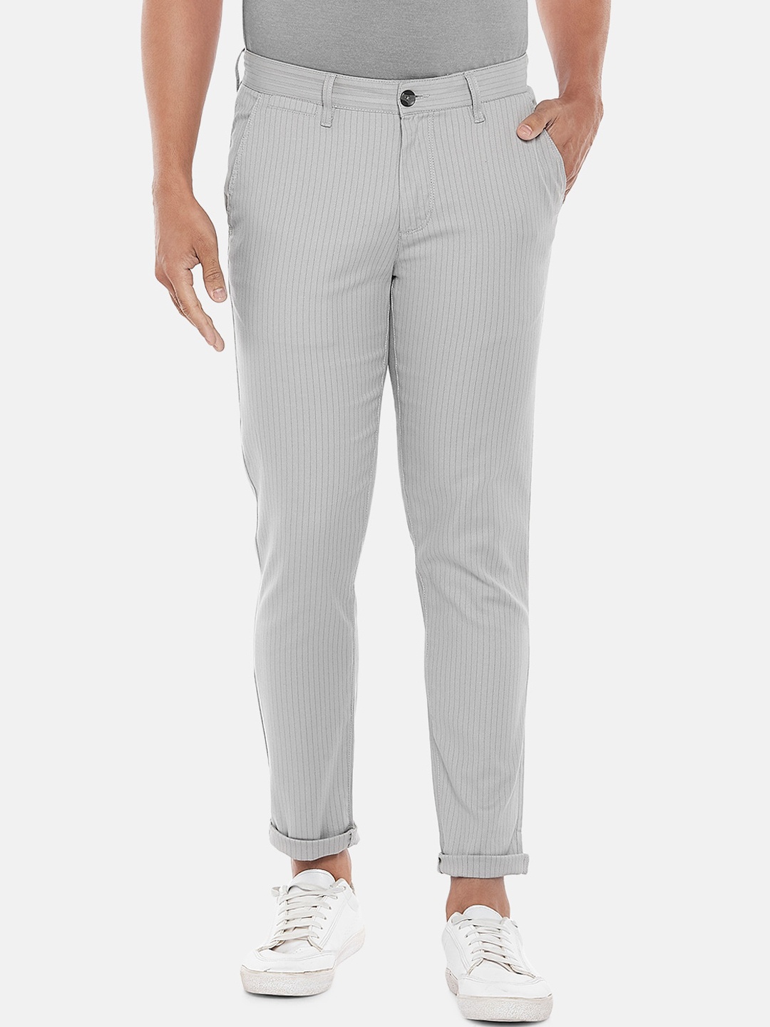 

BYFORD by Pantaloons Men Grey Striped Slim Fit Low-Rise Trousers