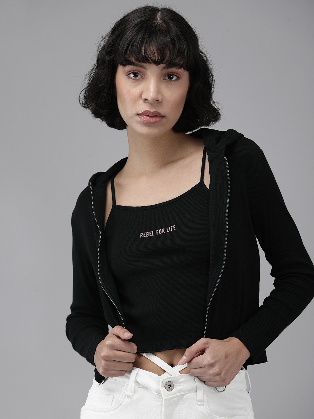 

Roadster Women Black Front Open Hooded Crop Top with Cropped Camisole