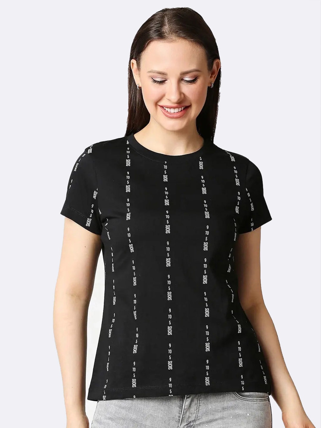 

Bewakoof Women Black Typography Striped T-shirt