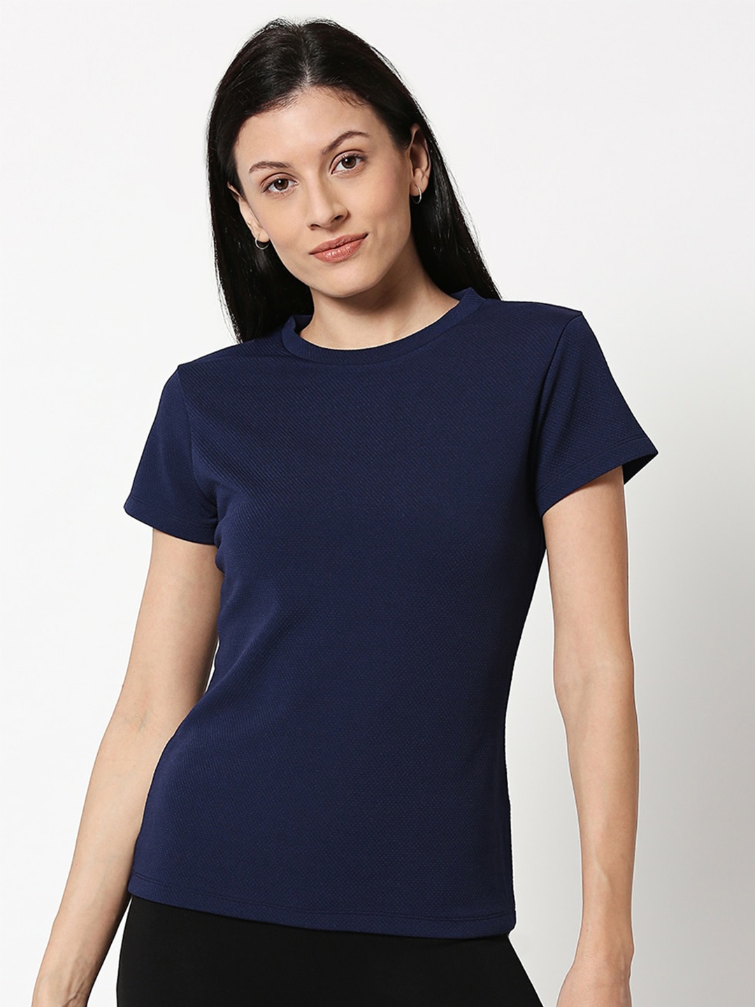 

Bewakoof Women Cotton Blue Solid Slim Fit Pure Cotton T-shirt