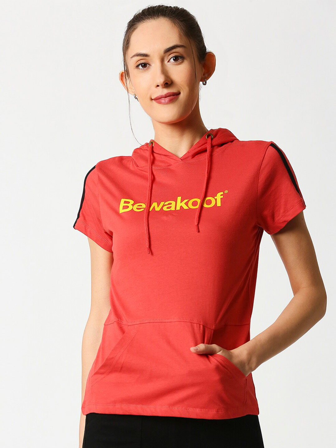 

Bewakoof Women Red Typography Printed Slim Fit Hoodie Pure Cotton T-shirt
