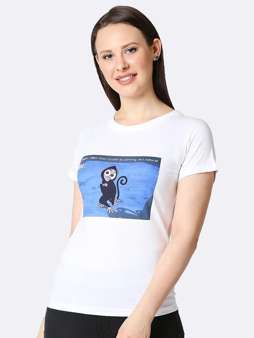 

Bewakoof Women White Printed Slim Fit Pure Cotton T-shirt