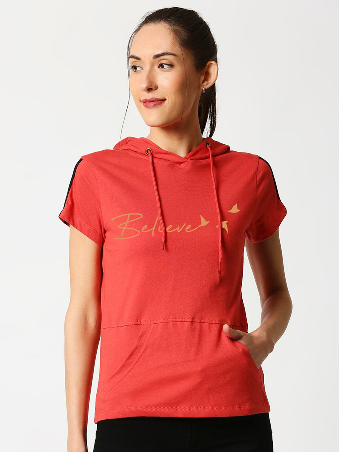

Bewakoof Women Red Typography Printed Slim Fit Hoodie Pure Cotton T-shirt