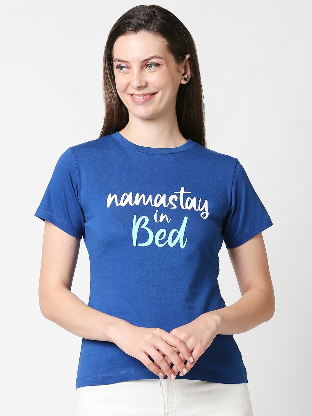 Bewakoof Women Blue Typography Printed Pure Cotton T-shirt