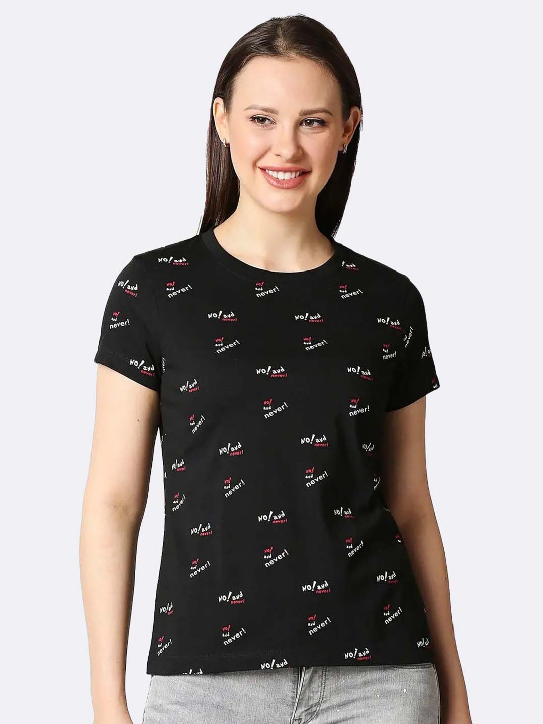 

Bewakoof Women Black Typography Printed Pure Cotton T-shirt