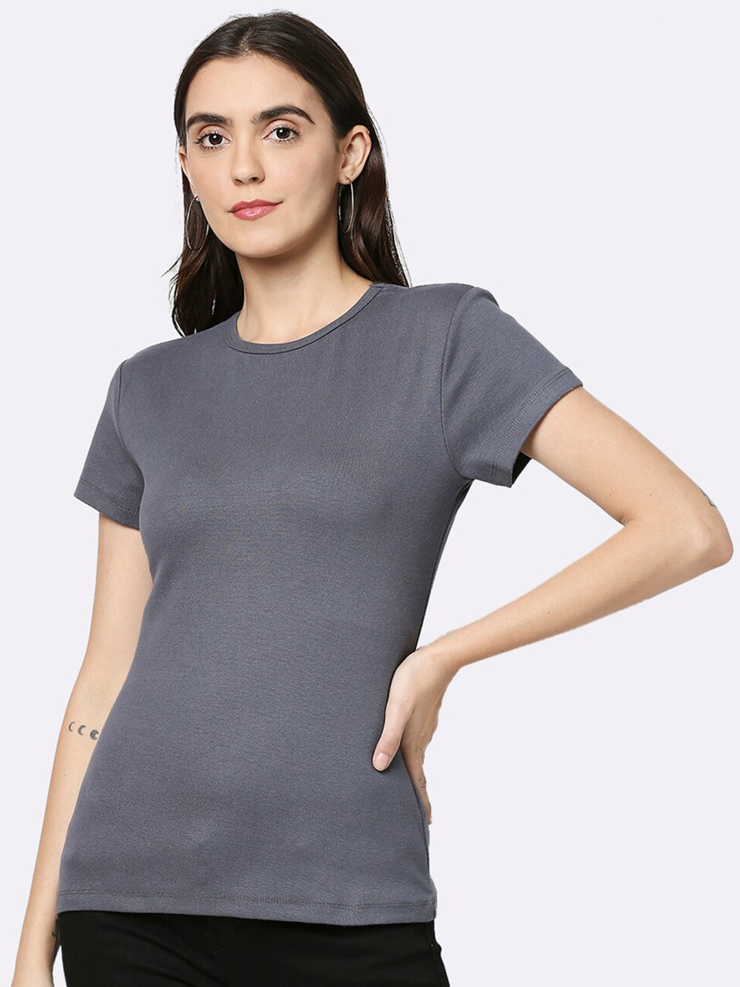 

Bewakoof Women Grey Slim Fit Pure Cotton T-shirt