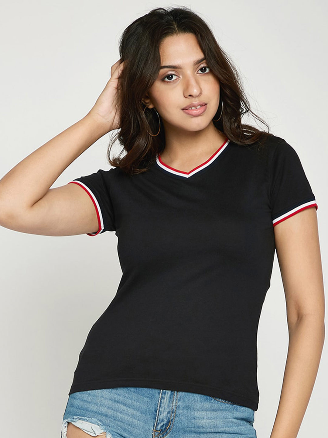 

Bewakoof Women Black V-Neck Slim Fit Pure Cotton T-shirt