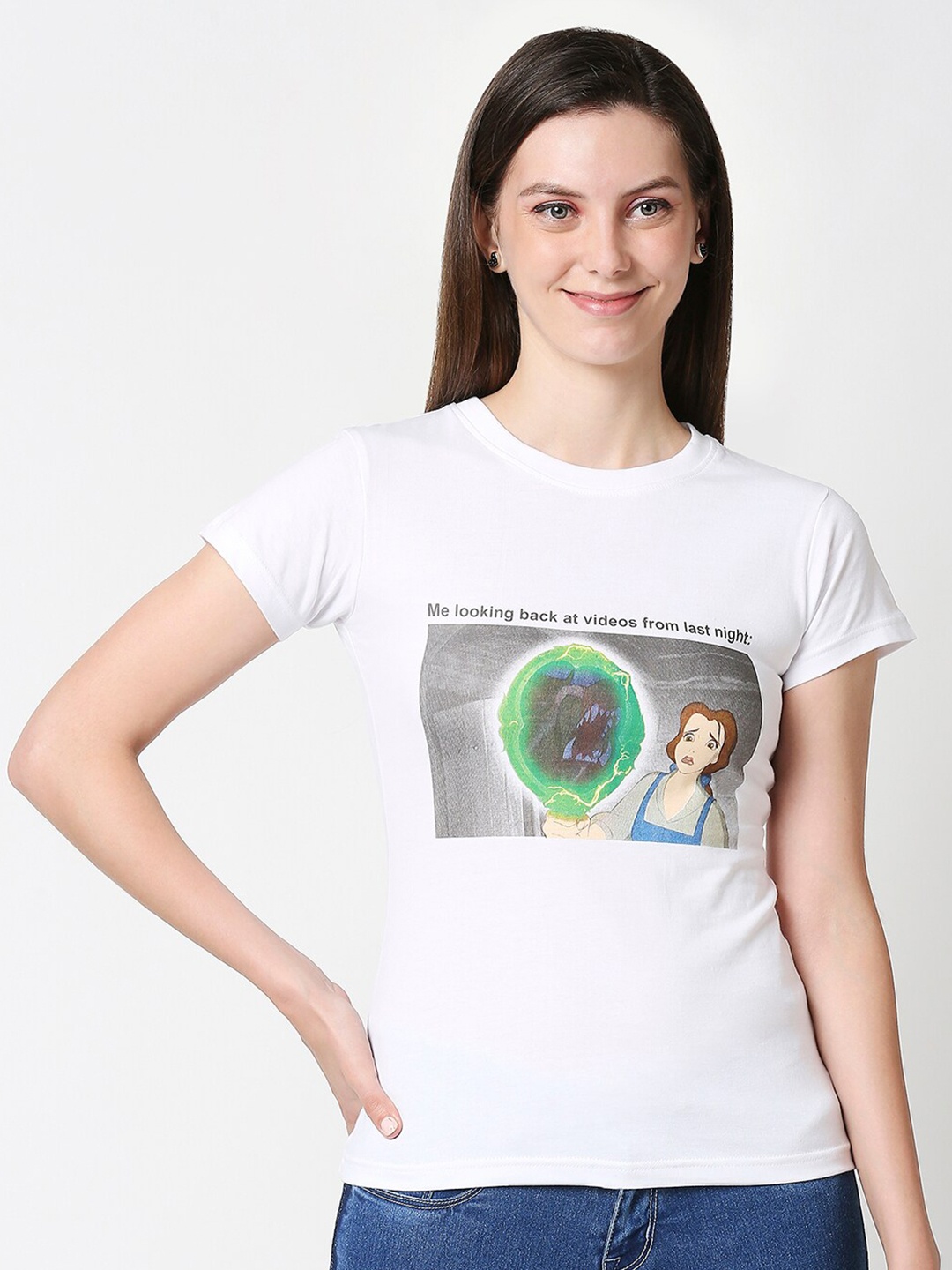 

Bewakoof Women White Printed Slim Fit Pure Cotton T-shirt