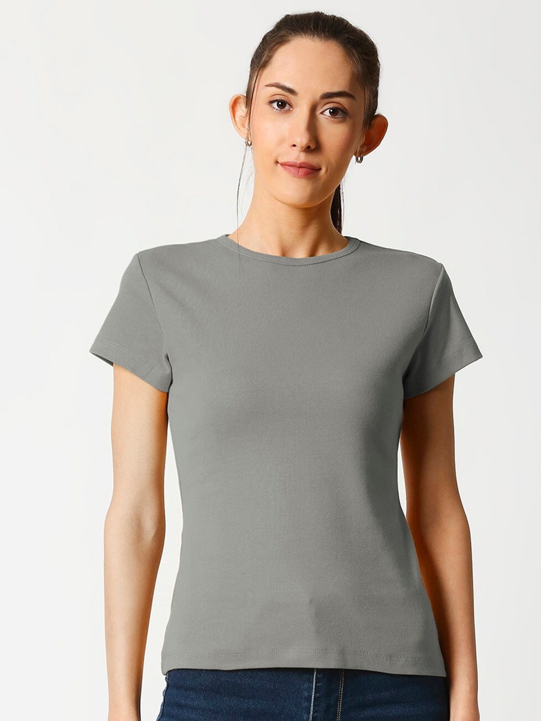 

Bewakoof Women Grey Slim Fit Pure Cotton T-shirt