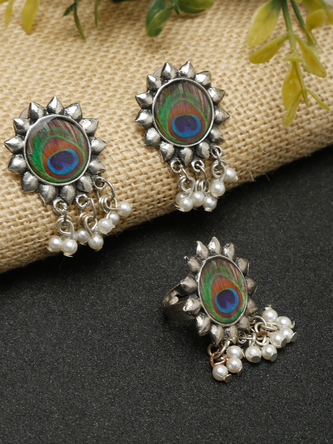 

NEUDIS Silver-Plated Green & Blue Antique Jewellery Set