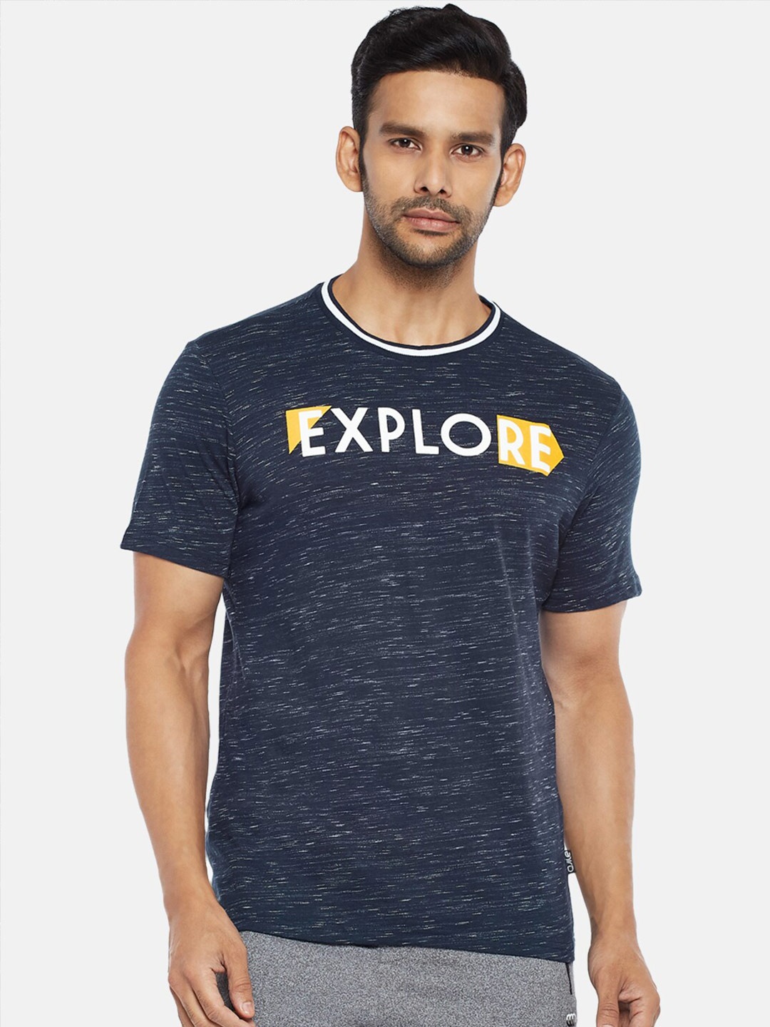 

Ajile by Pantaloons Men Navy Blue Typography Printed Raw Edge Slim Fit Pure Cotton T-shirt