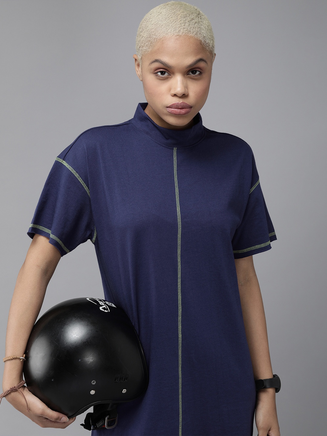 

The Roadster Lifestyle Co Navy Blue Solid High Neck T-shirt Dress