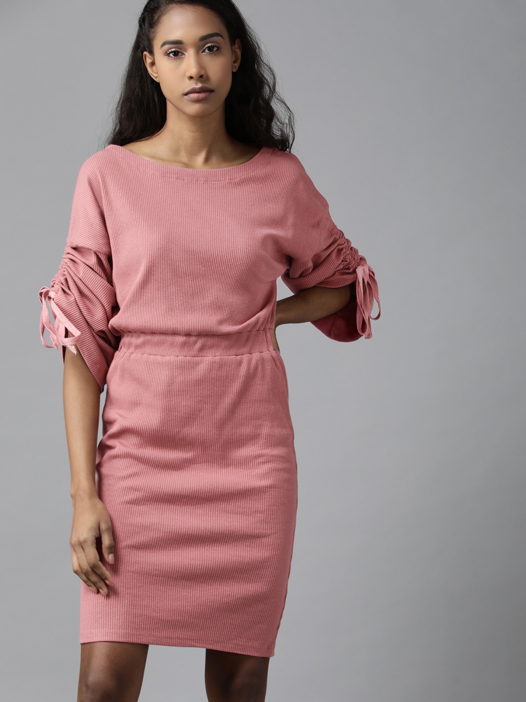 

Roadster Women Mauve Solid Ribbed Sheath Dress