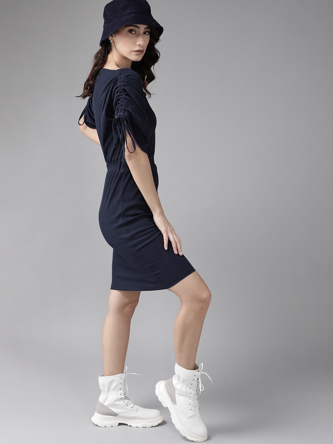 

Roadster Navy Blue Solid Ribbed Sheath Dress with Ruched Detail
