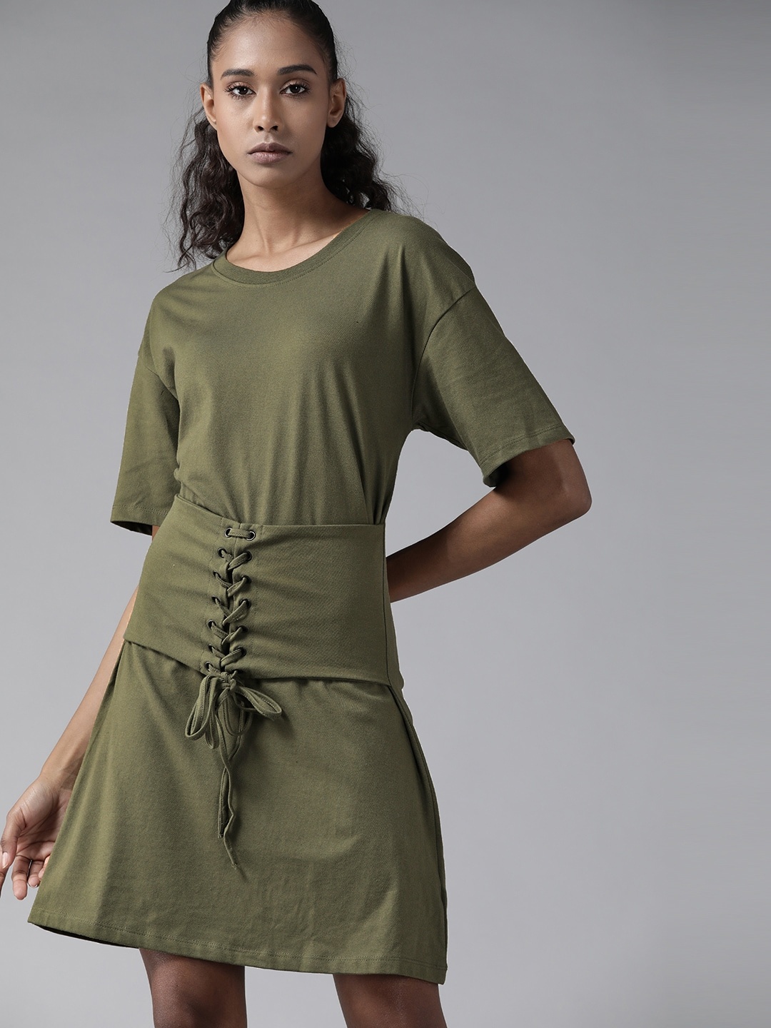 

Roadster Olive Green Solid Lace-Up A-Line Dress