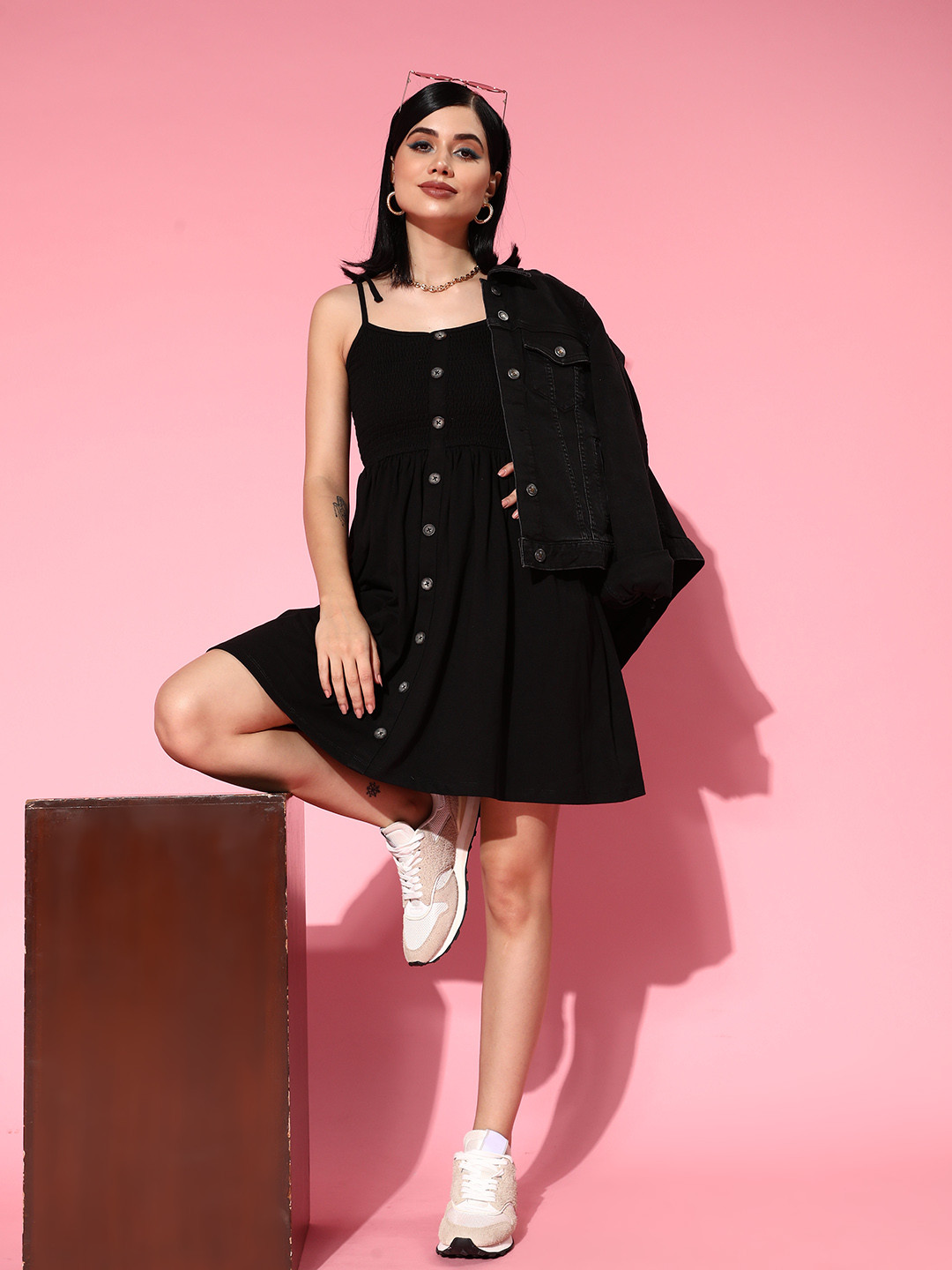 

Roadster Black Solid Smocked A-Line Dress