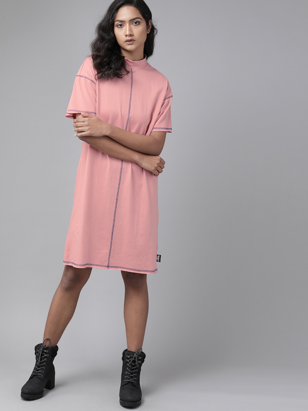 

Roadster Pink Solid Boxy Fit T-shirt Dress with Contrast Stitch