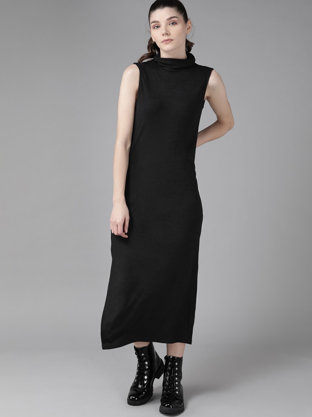 

Roadster Black Ribbed Side Slits Bodycon Midi Dress
