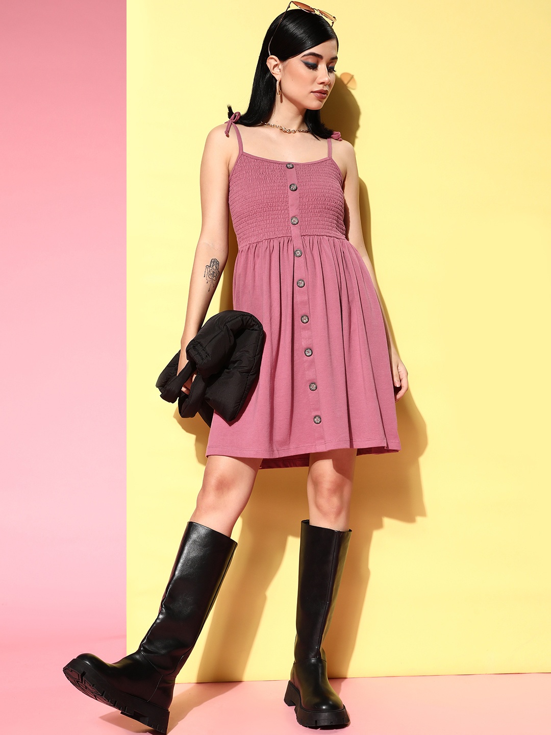 

Roadster Dusty Pink Solid Smocked A-Line Dress, Rose