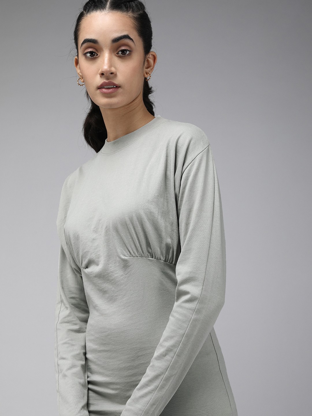 

Roadster Grey Solid Sheath Dress With Gathers