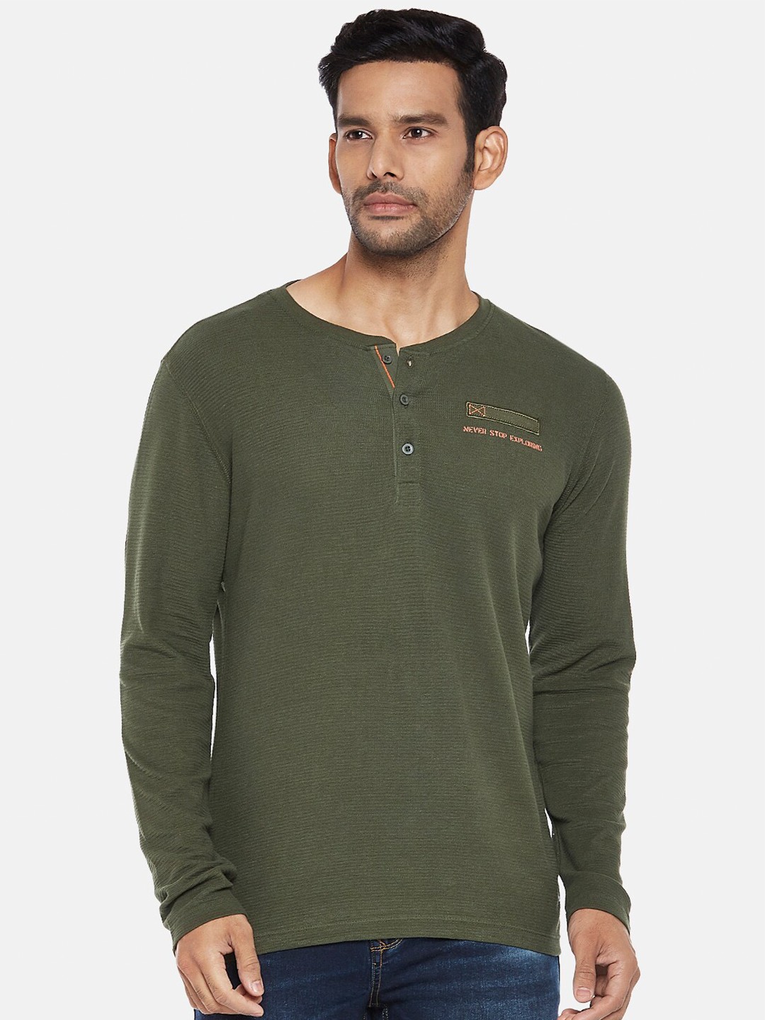 

Urban Ranger by pantaloons Men Olive Green Henley Neck Slim Fit Pure Cotton T-shirt