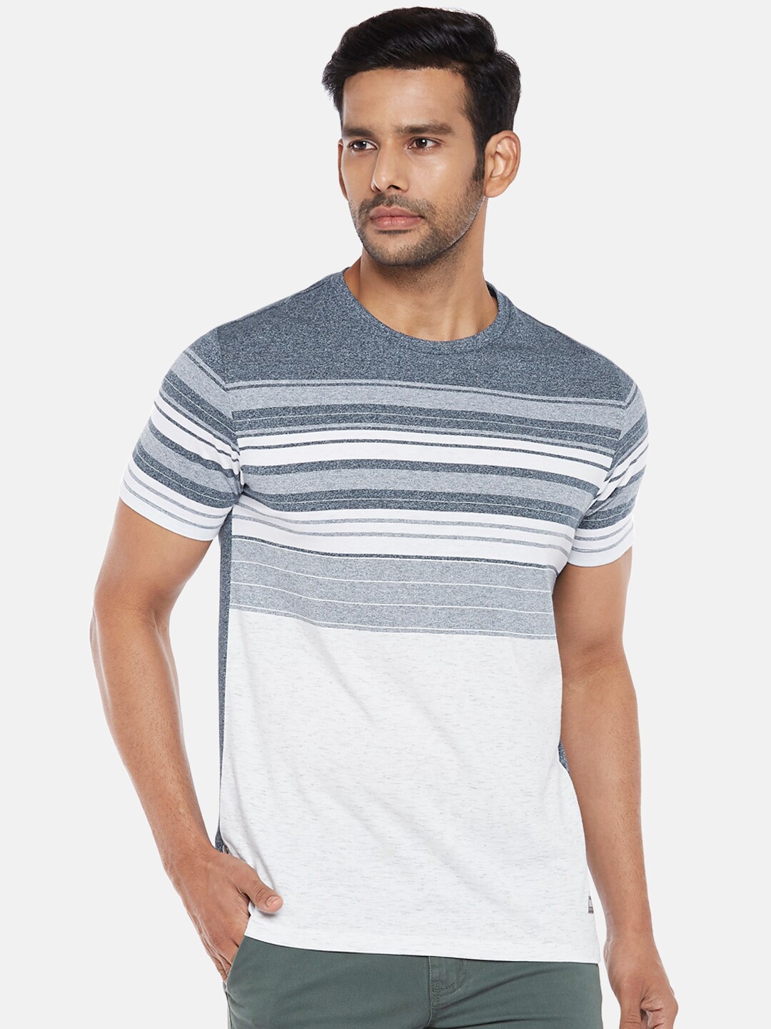 

Urban Ranger by pantaloons Men White Striped Slim Fit Pure Cotton T-shirt