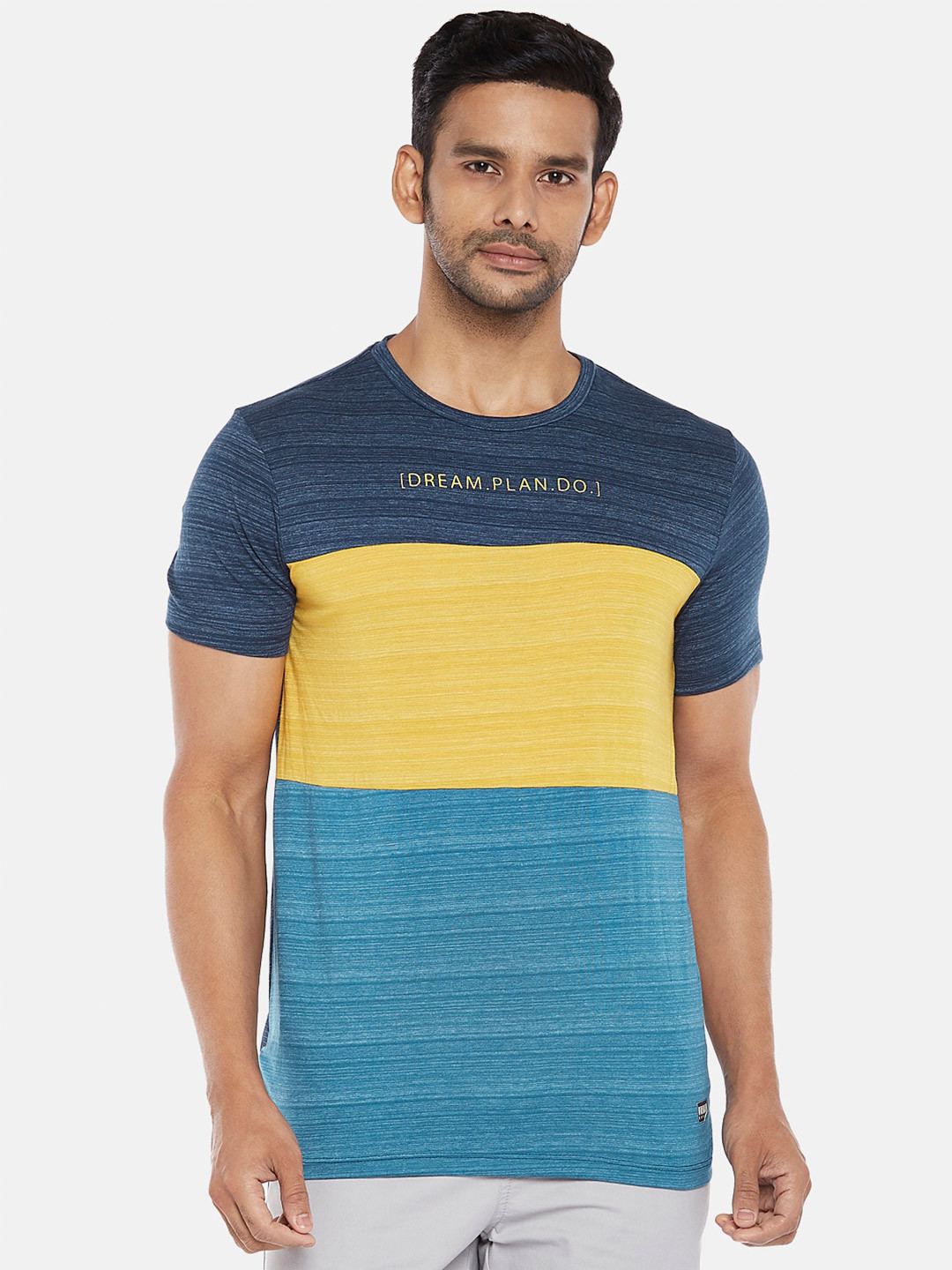 

Urban Ranger by pantaloons Men Navy Blue Yellow Colourblocked Slim Fit Pure Cotton T-shirt