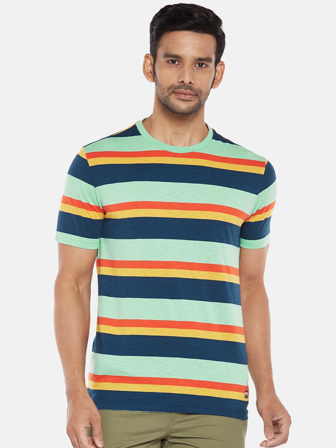 

Urban Ranger by pantaloons Men Green Striped Slim Fit Pure Cotton T-shirt