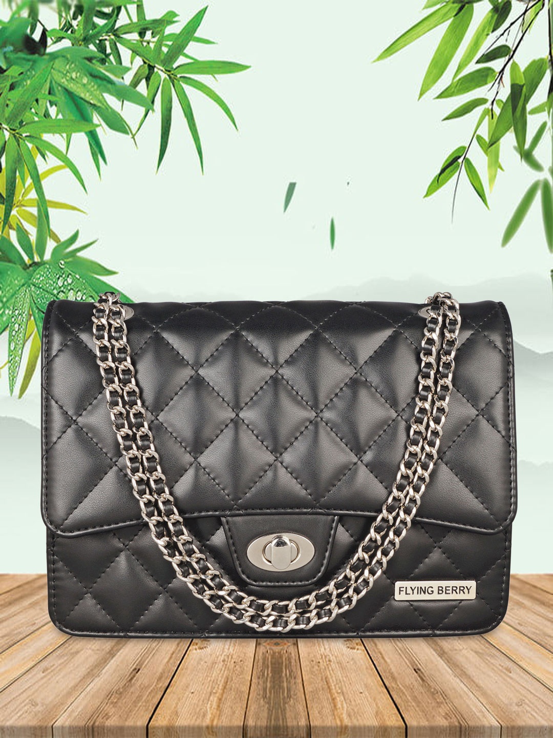 

FLYING BERRY Women Black PU Structured Quilted Sling Bag With Chain Strap