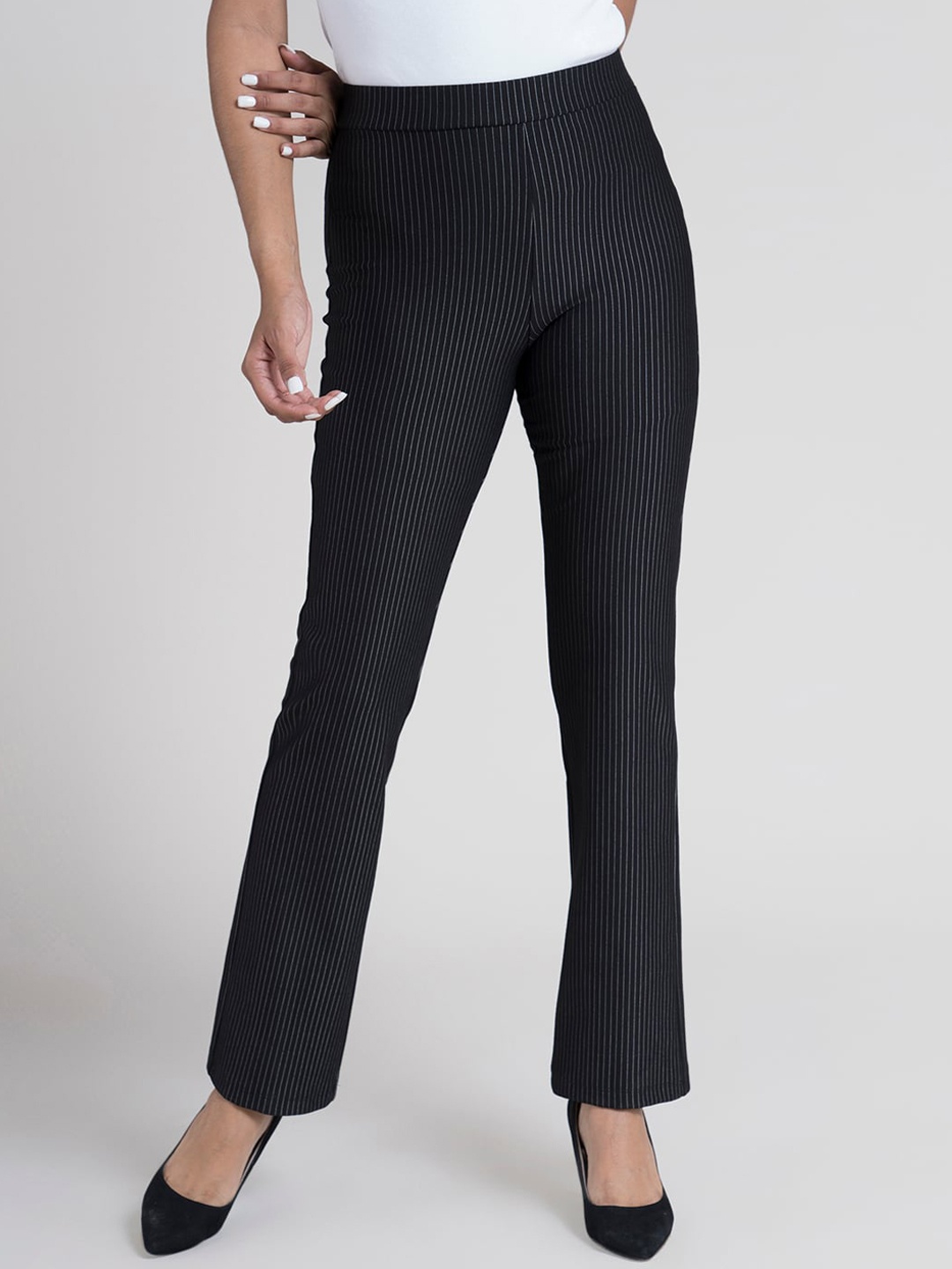 

FableStreet Women Black Striped Flared Formal Trousers