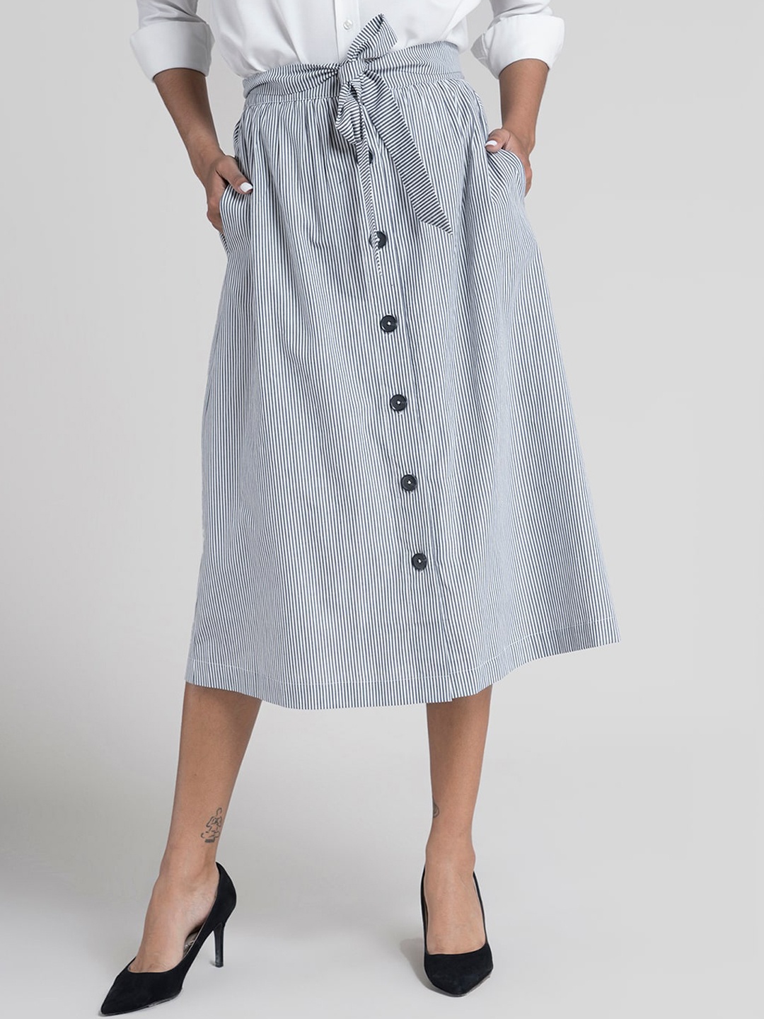 

FableStreet Women Grey & White Striped A-Line Midi Skirt