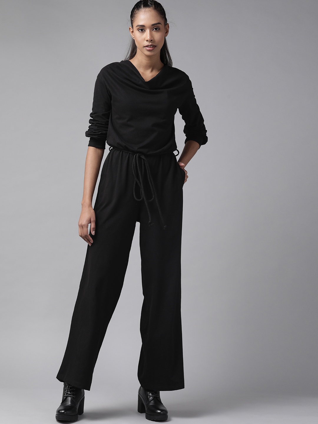 

Roadster Women Black Solid Cowl Neck Basic Jumpsuit with Belt