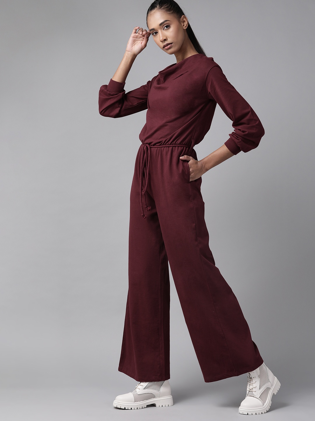 

Roadster Women Burgundy Solid Cowl Neck Basic Jumpsuit with Belt