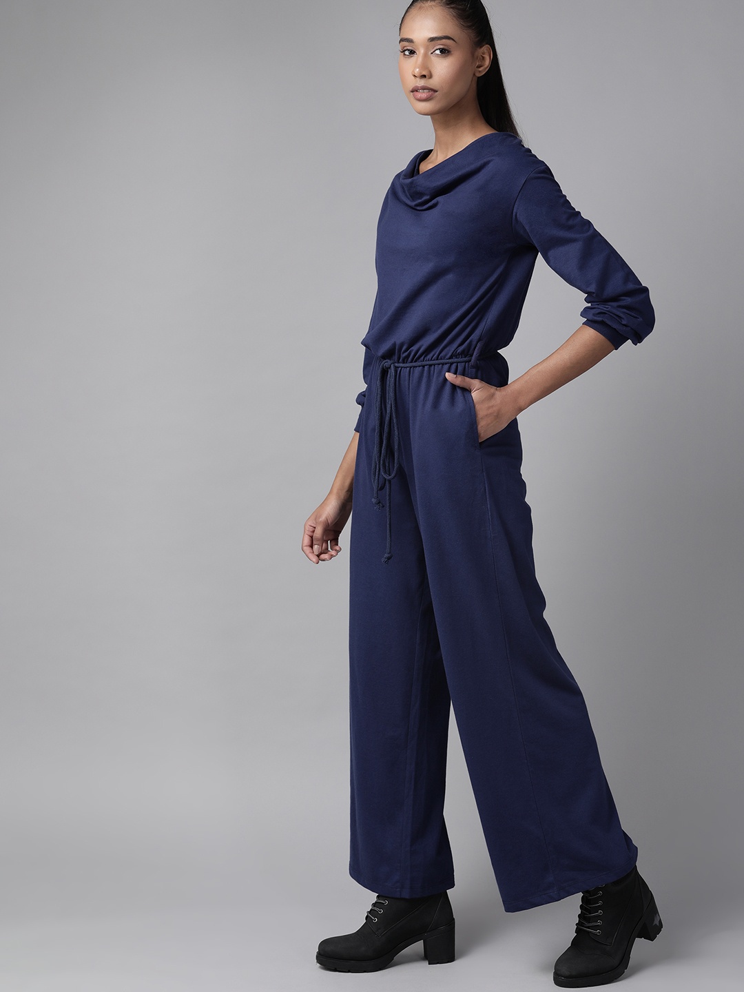 

Roadster Women Navy Blue Solid Cowl Neck Basic Jumpsuit with Belt