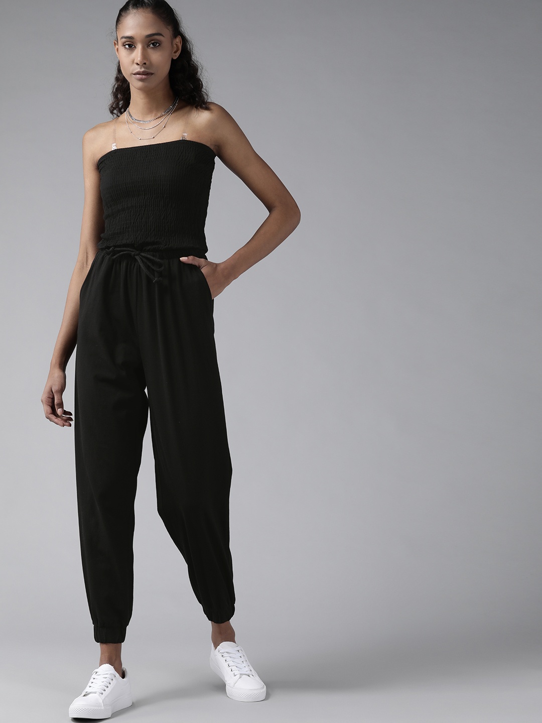 

Roadster Women Black Solid Smocked Basic Jumpsuit