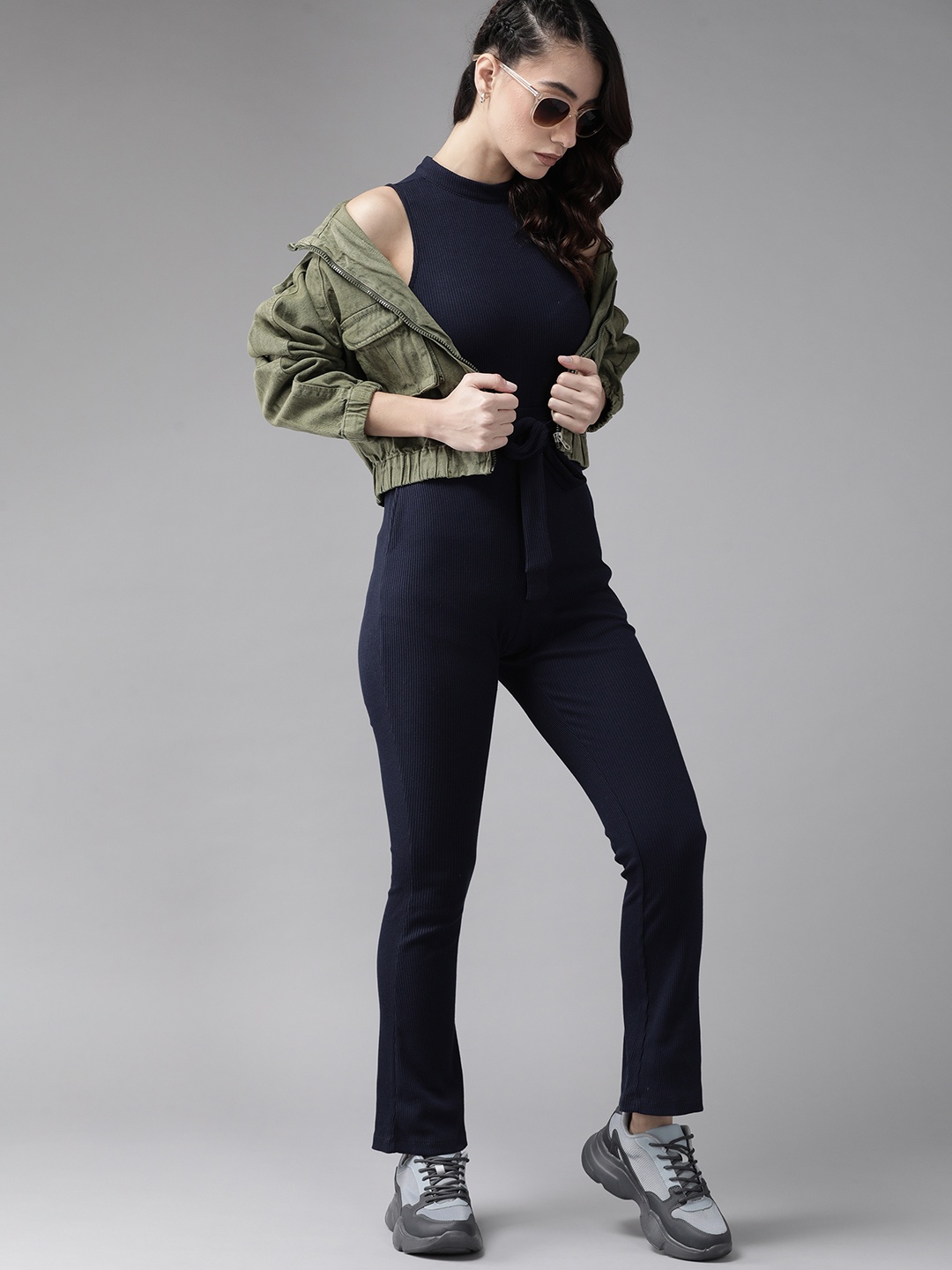 

Roadster Navy Blue Solid Ribbed Jumpsuit