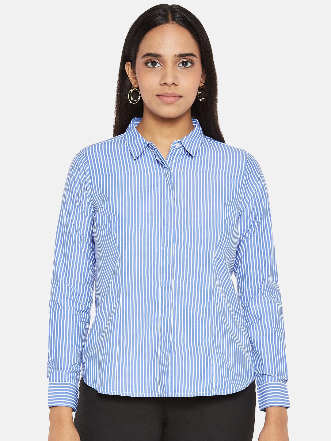 

Annabelle by Pantaloons Women Cotton Blue Striped Shirt Style Top