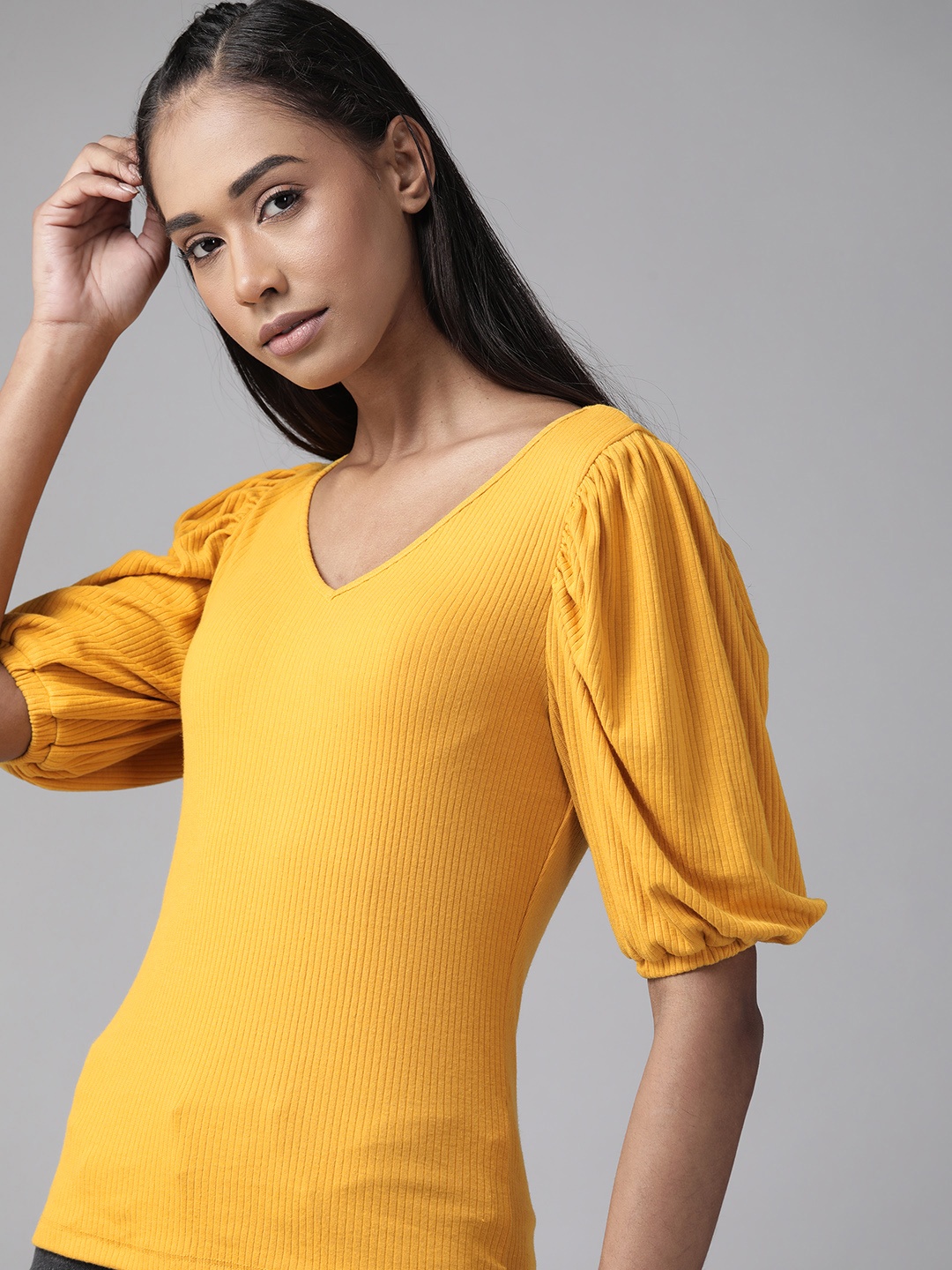 

Roadster Women Mustard Yellow Ribbed Puff Sleeves Top