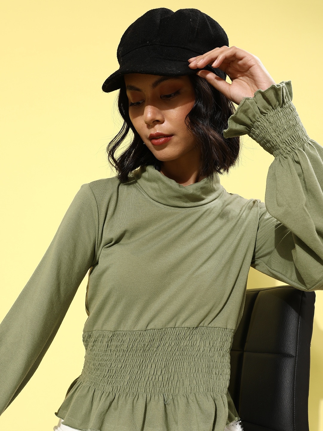 

Roadster Green Cowl Neck Smocking Top