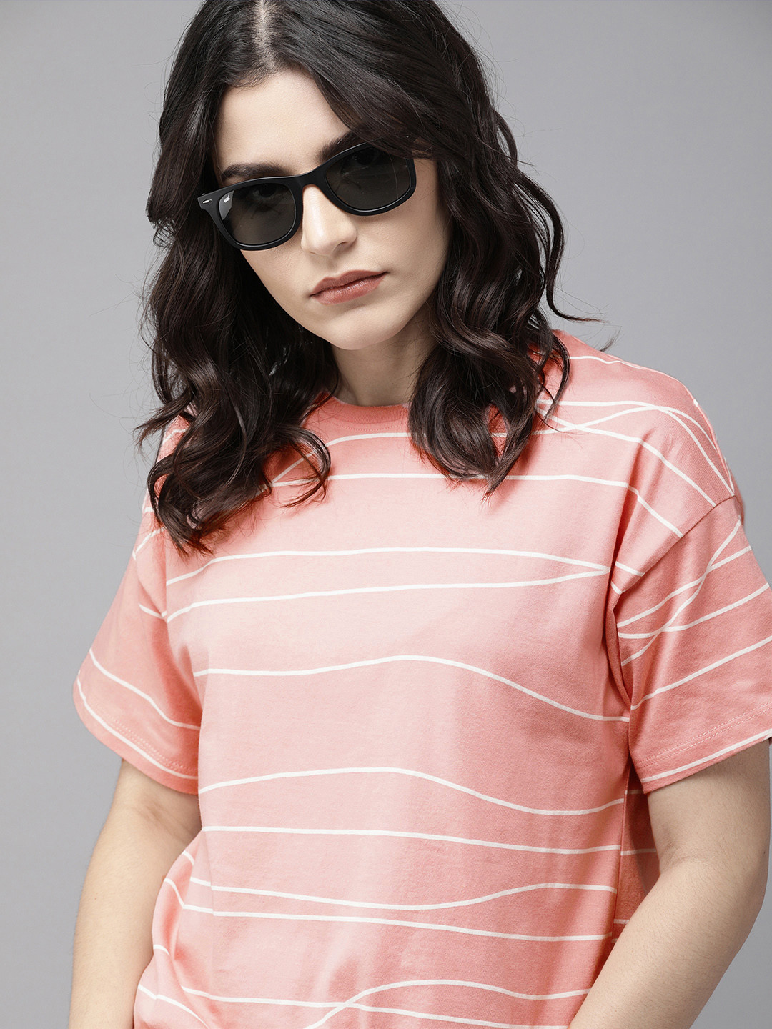

Roadster Pink & White Striped Extended Sleeves Regular Top
