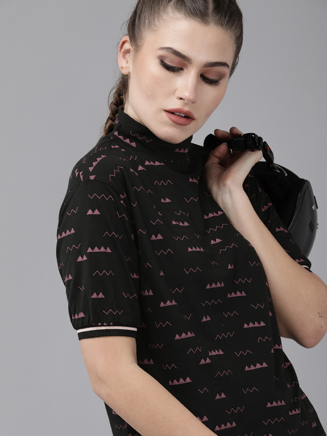 

Roadster Women Black Geometric Printed High-Neck Regular Top