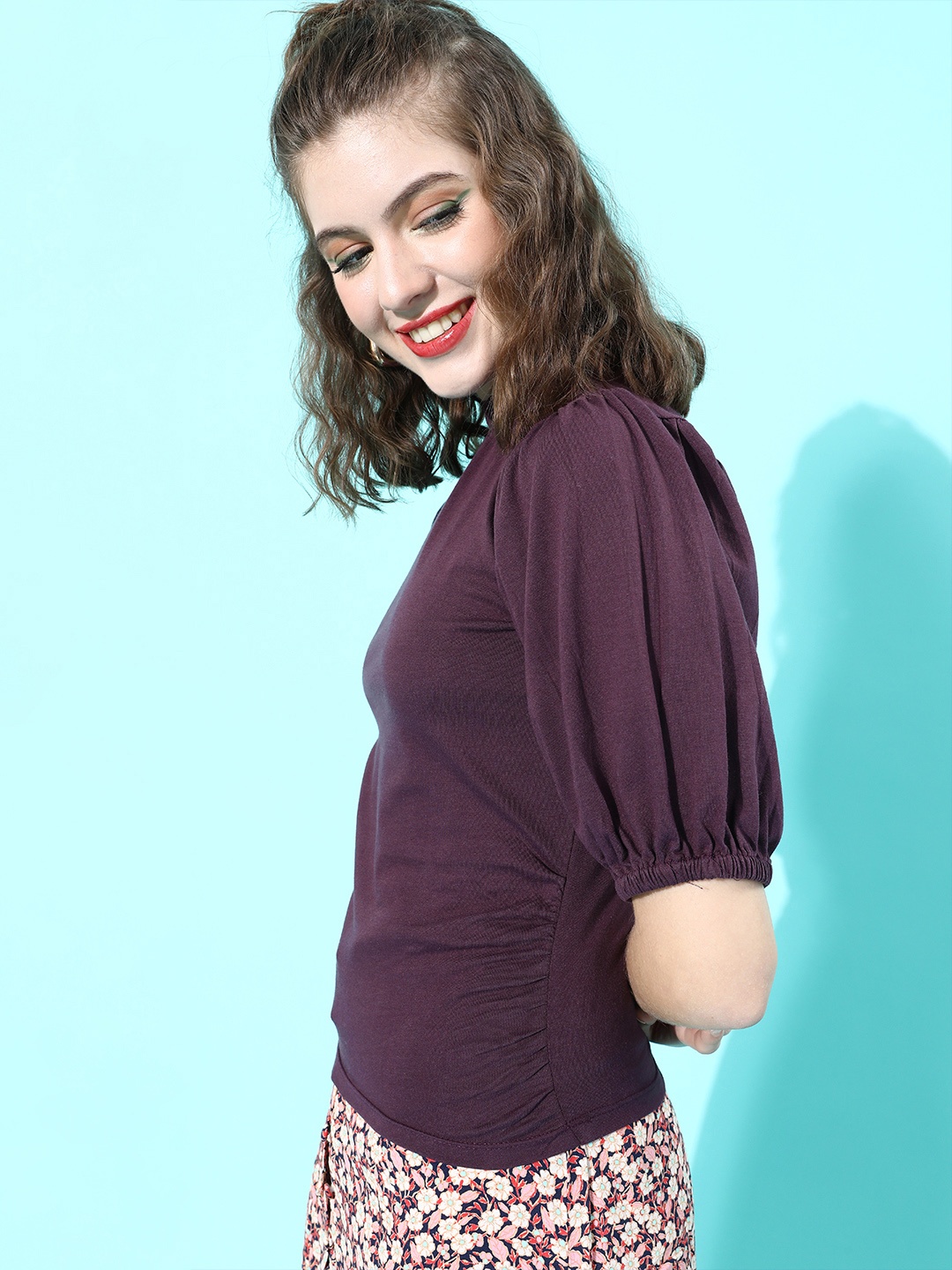 

Roadster Women Chic Rust Solid Puff Sleeves Top, Burgundy