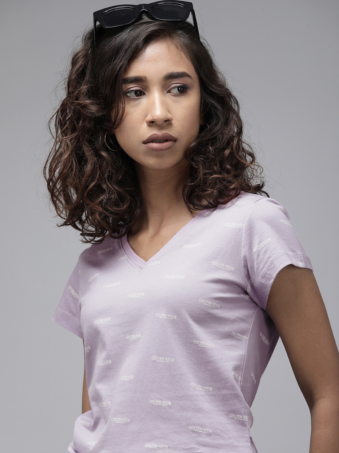 

Roadster Women Lavender Typography Printed V-Neck Pure Cotton Regular Top