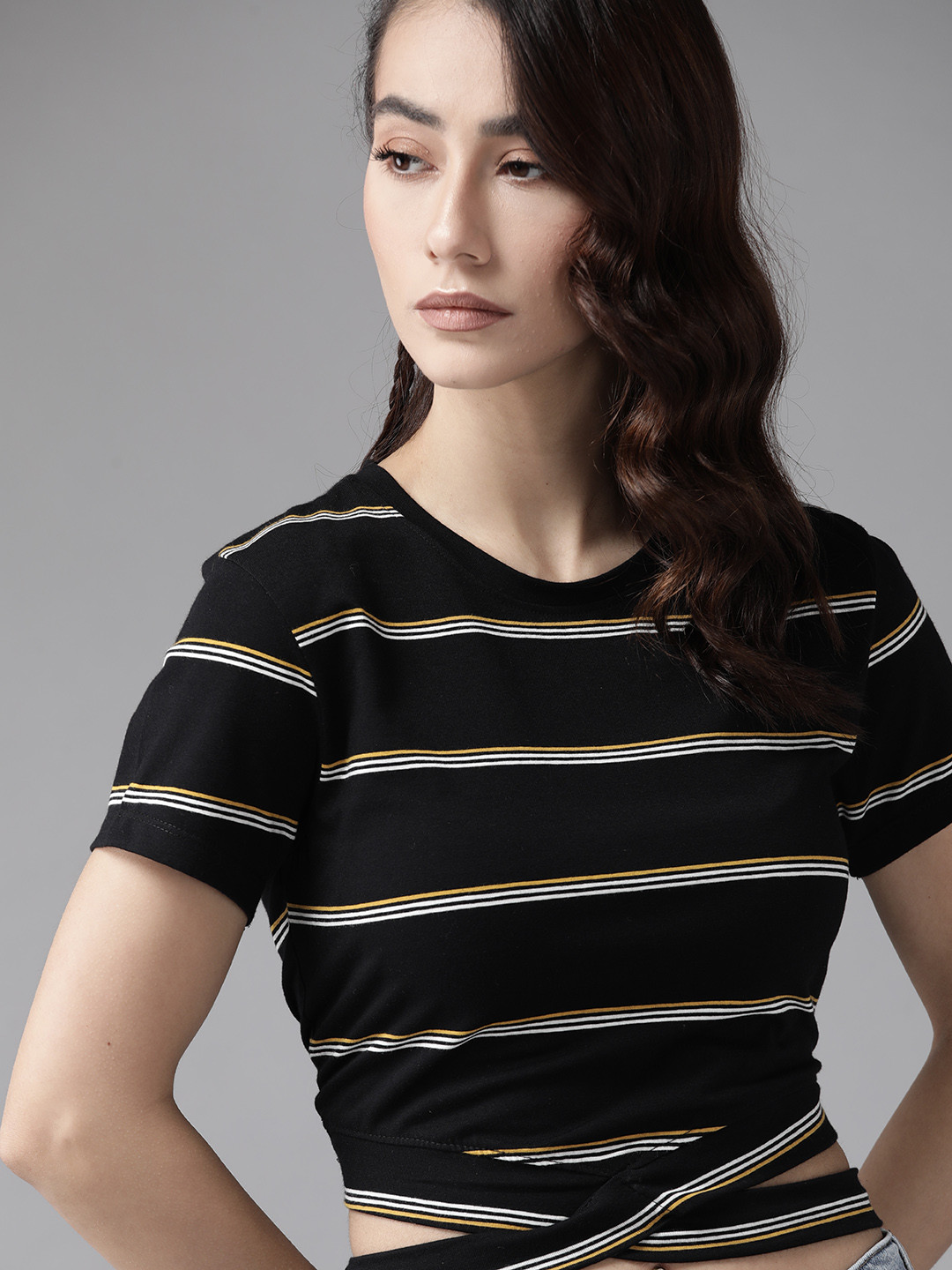 

Roadster Black & White Striped Crop Top With Cut Out Detail