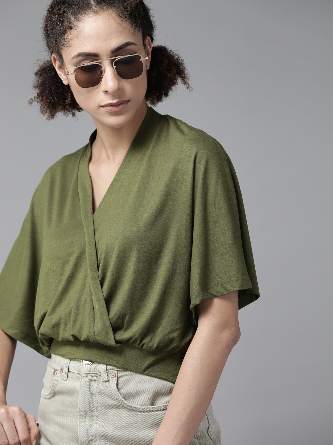 

Roadster Olive Green Solid Batwing Sleeves Blouson Top