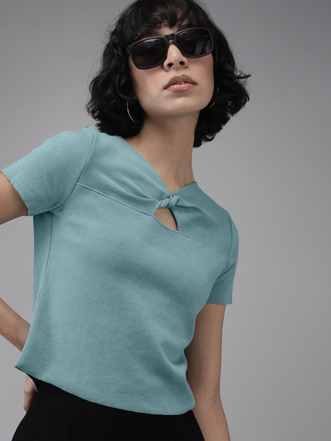 

The Roadster Lifestyle Co Women Sea Green Ribbed Regular Top