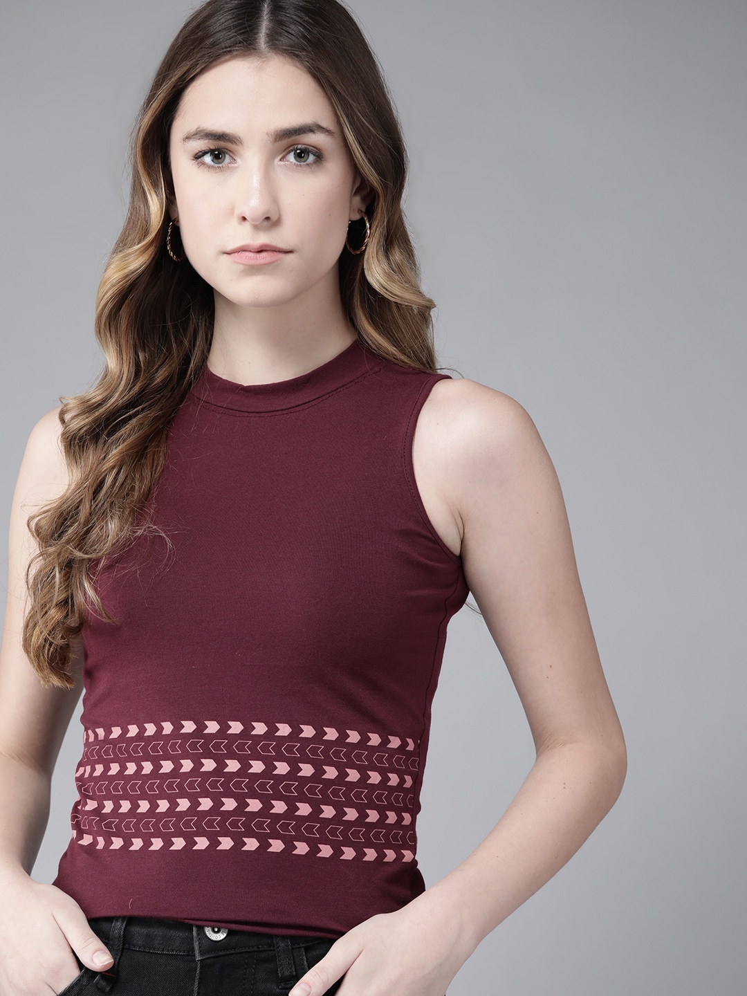 

Roadster Burgundy Geometric Print Fitted Top