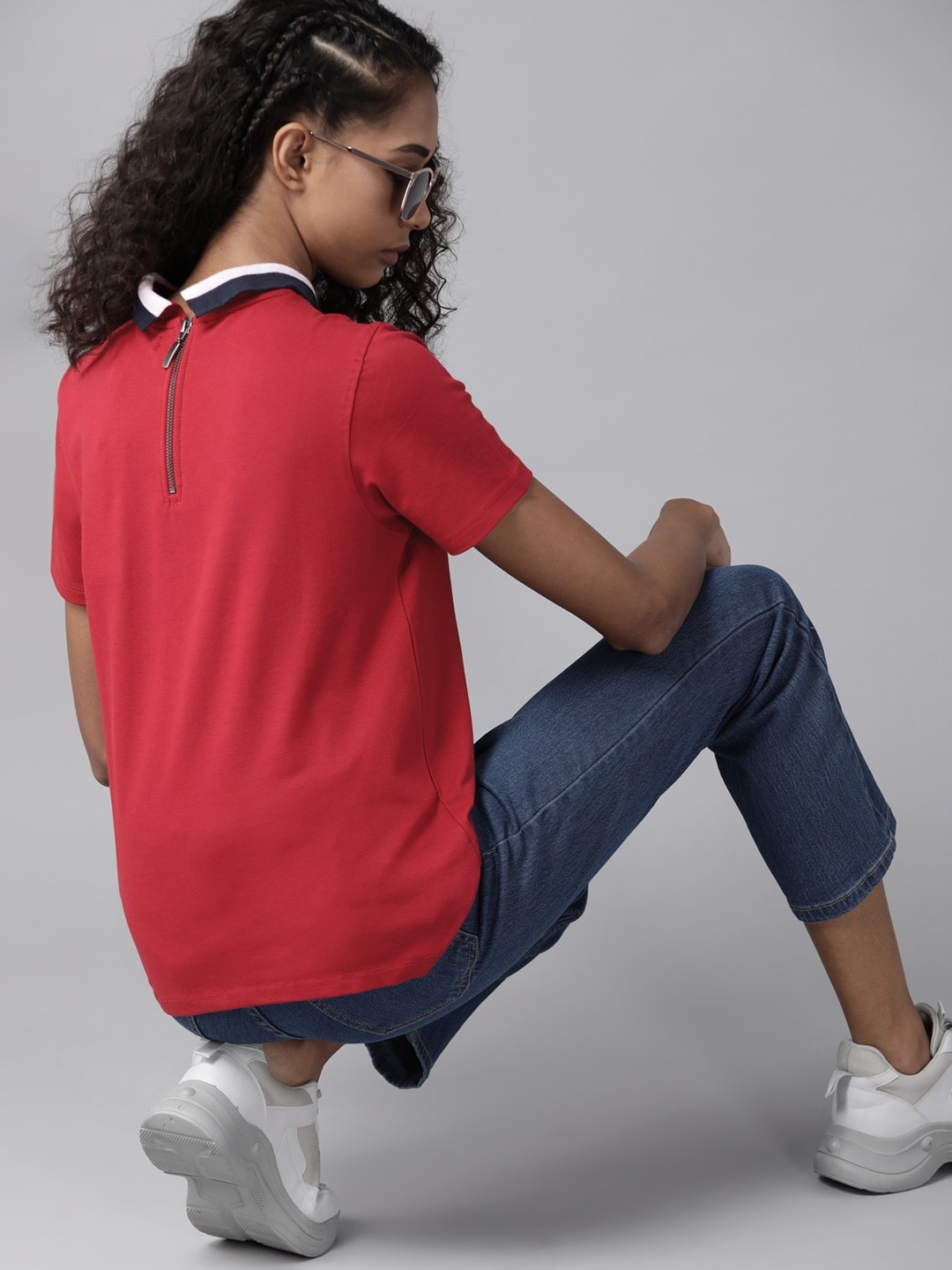 

Roadster Red Solid Stylized Peter Pan Collar Top