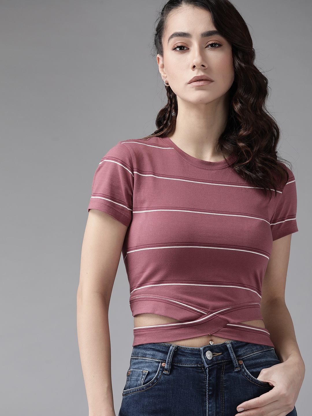 

Roadster Mauve & White Striped Crop Top With Cut Out Detail