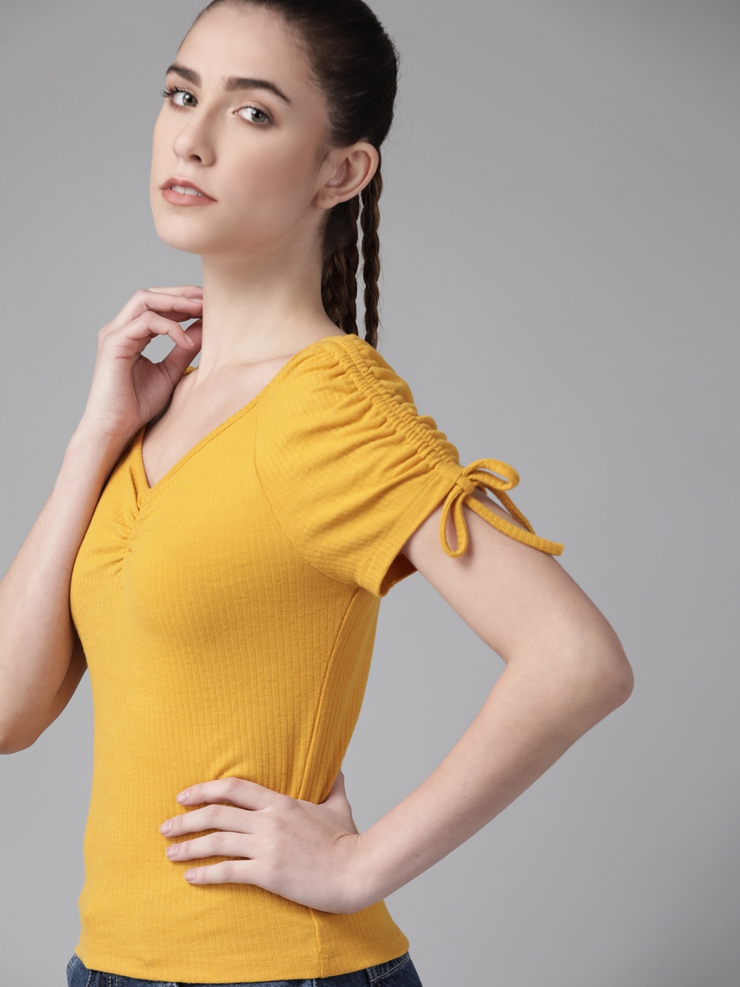 

Roadster Mustard Yellow Ribbed Ruched Sweetheart Neck Top